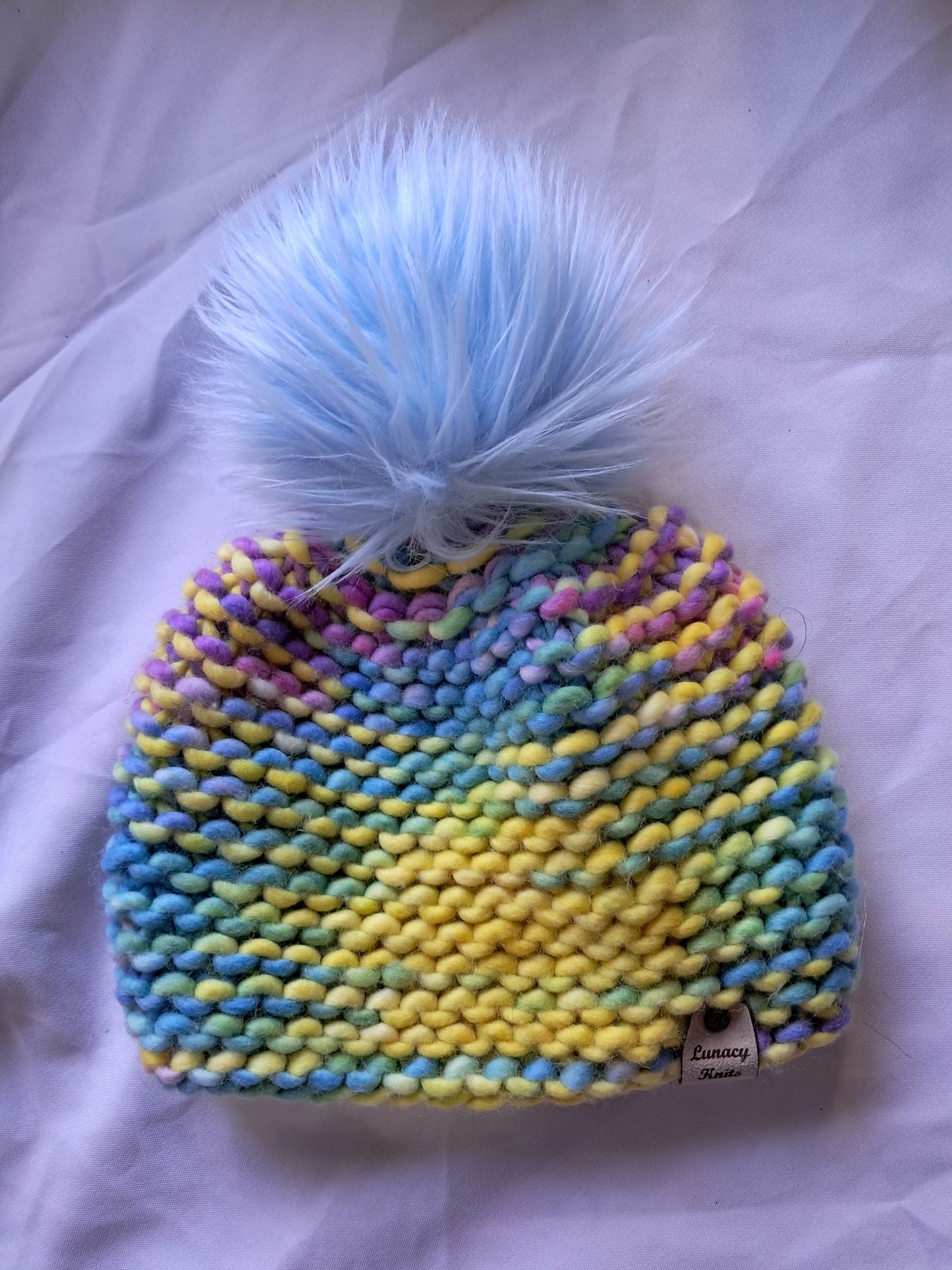 Pastel Rainbow Pom-Pom Hat