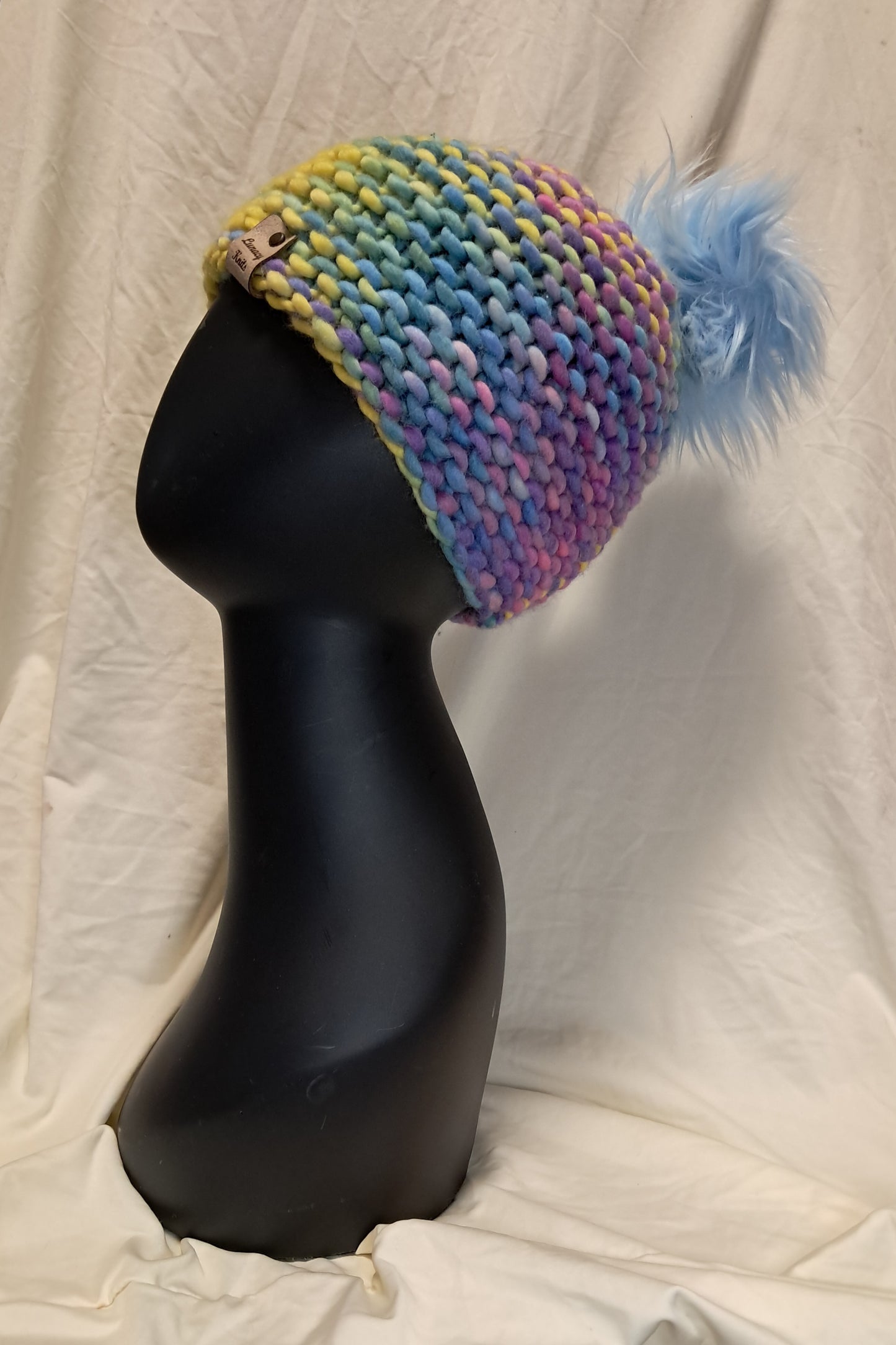 Pastel Rainbow Pom-Pom Hat
