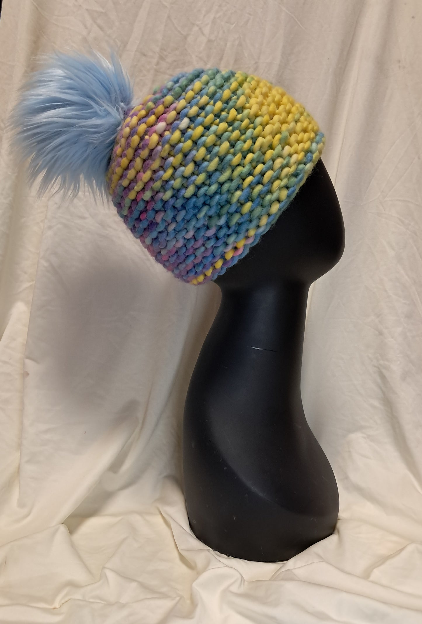 Pastel Rainbow Pom-Pom Hat