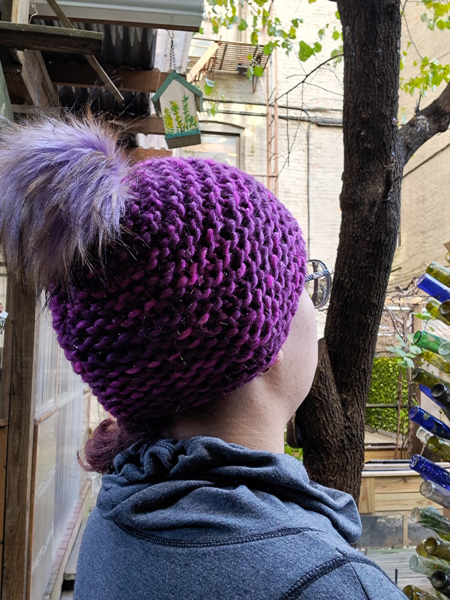 Sparkle Purple Pom-Pom Hat