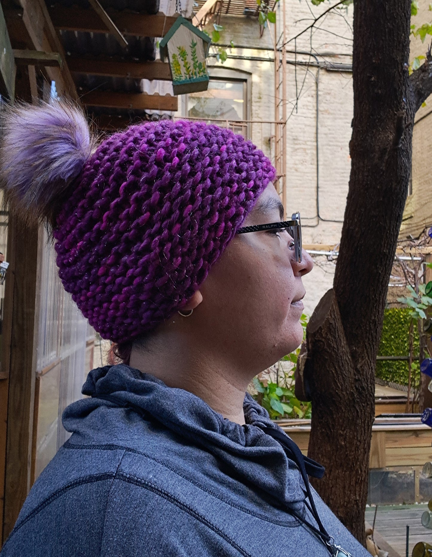 Sparkle Purple Pom-Pom Hat