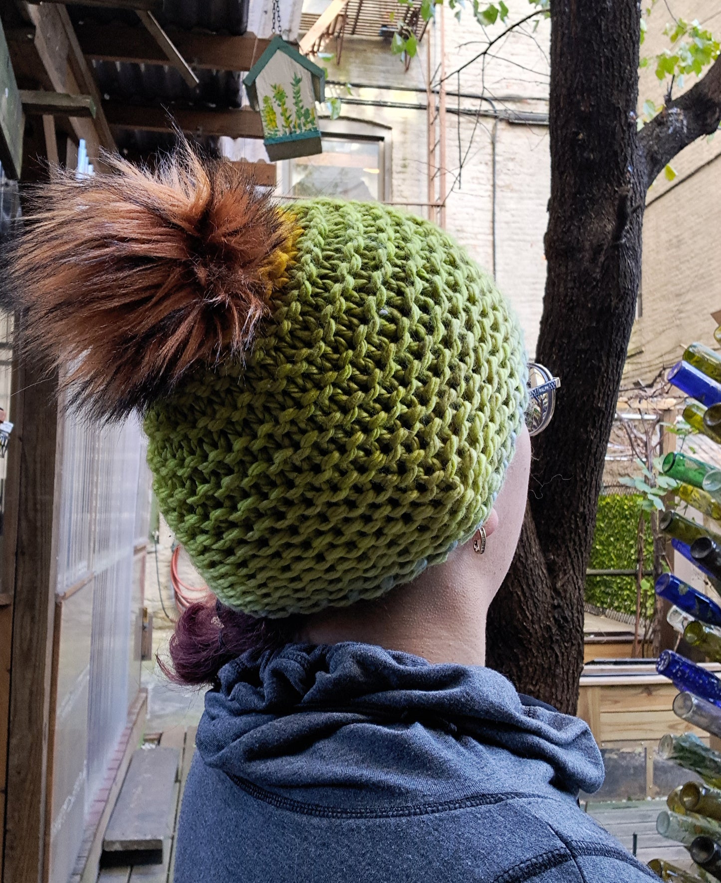 Green and Gold Pom-Pom Hat