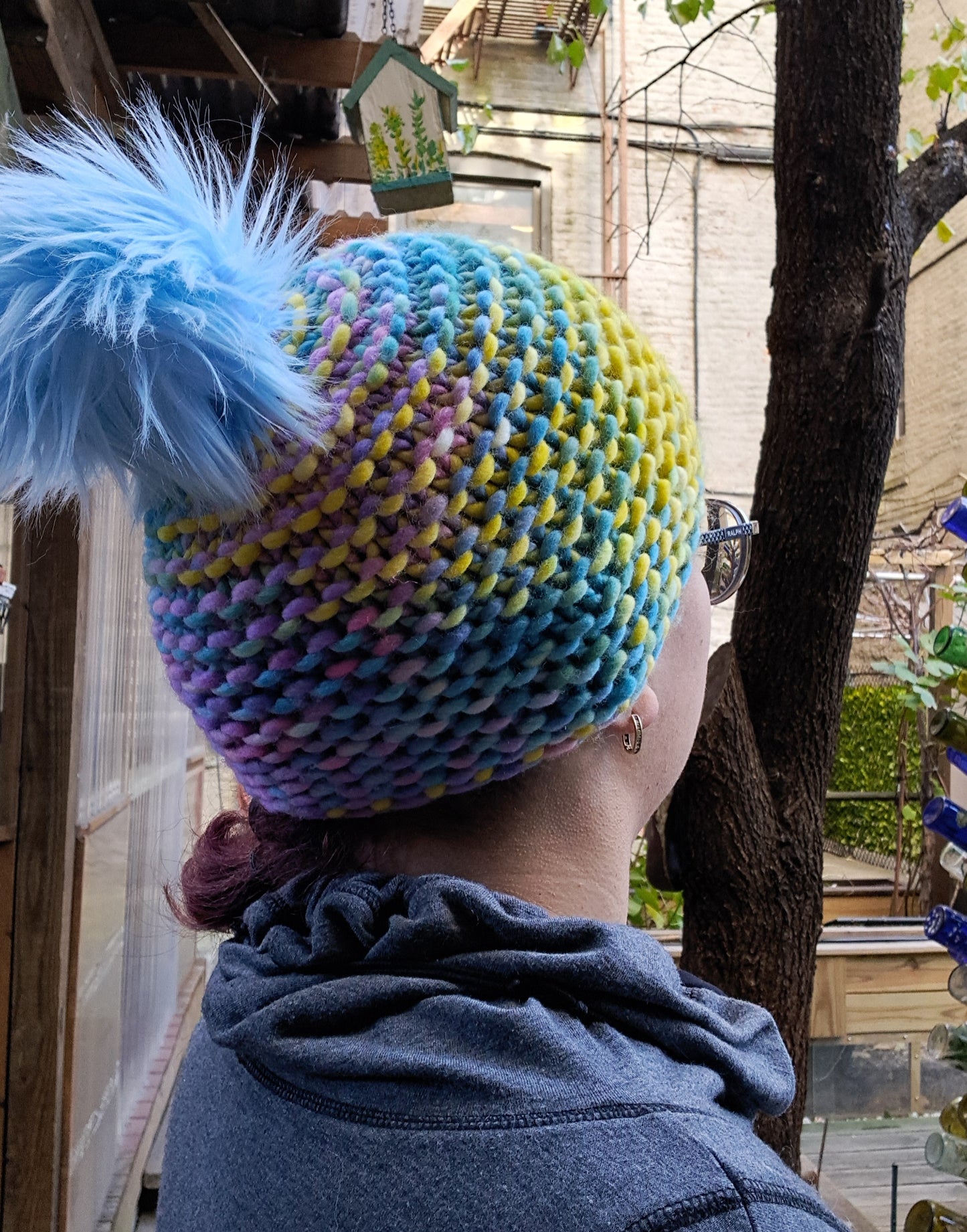 Pastel Rainbow Pom-Pom Hat