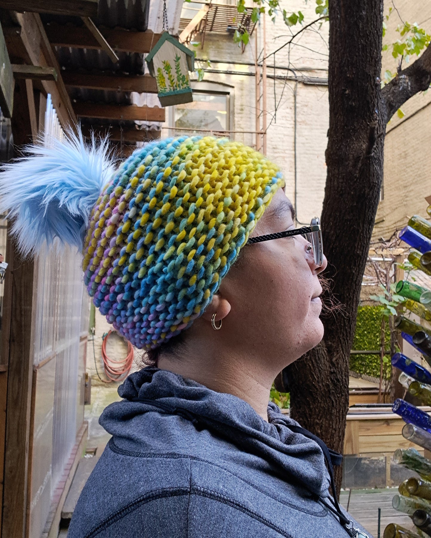 Pastel Rainbow Pom-Pom Hat