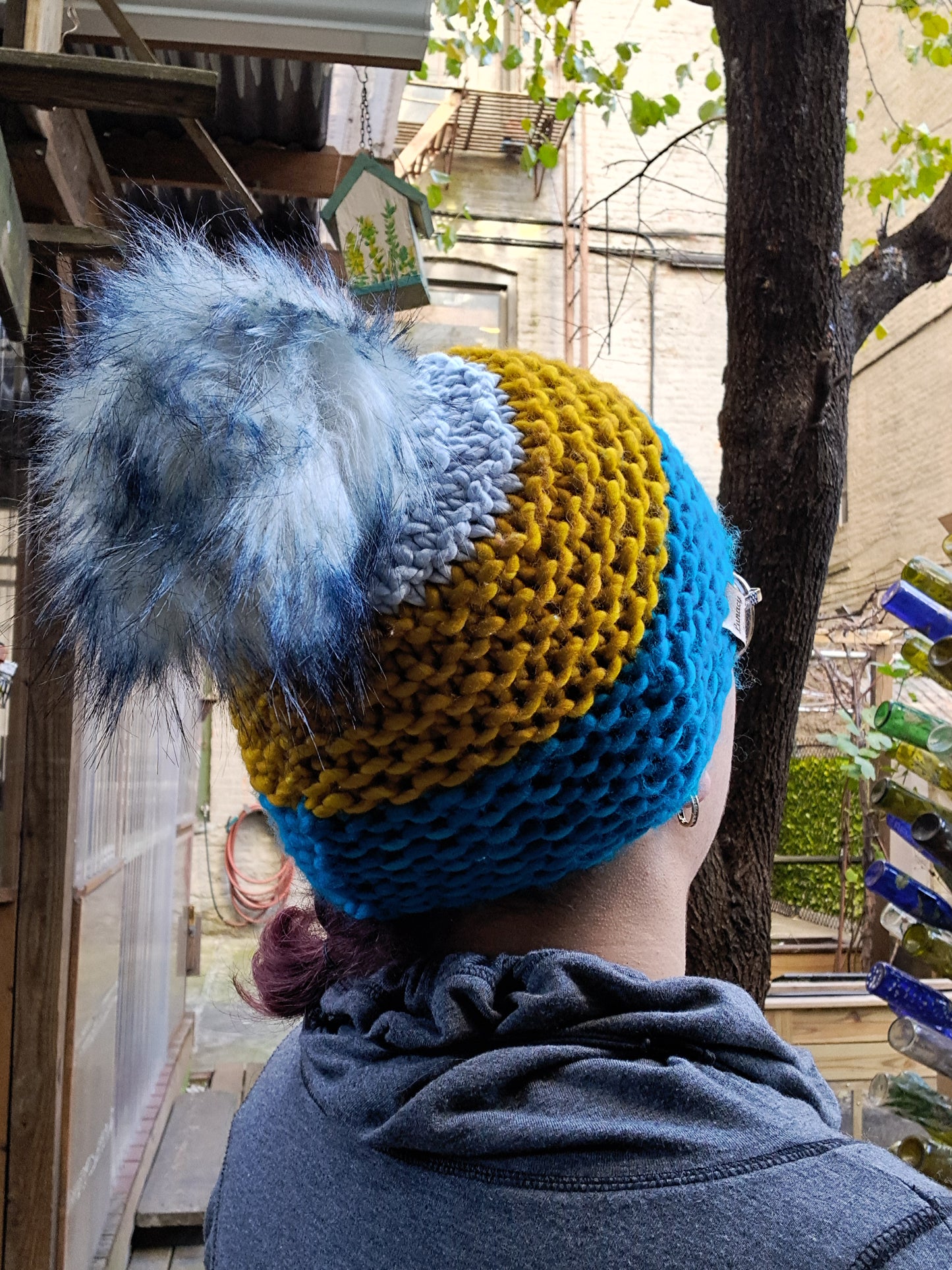 Blue and Gold Pom-Pom Hat