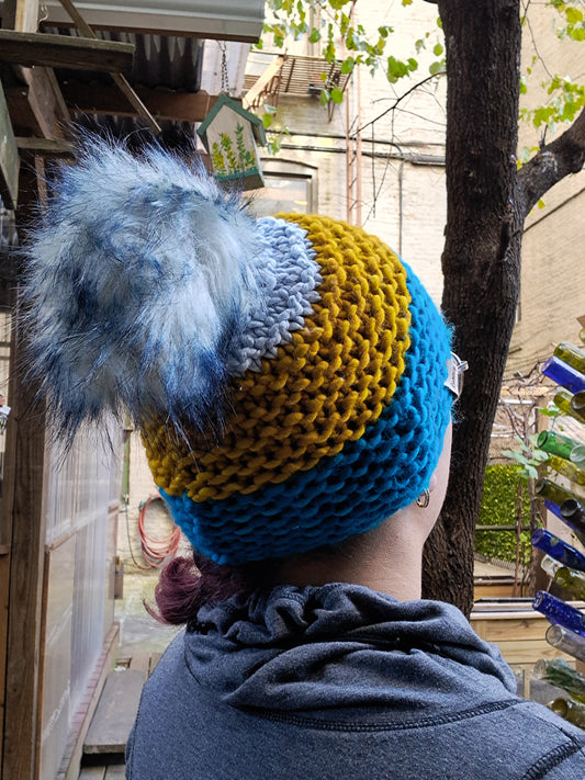 Blue and Gold Pom-Pom Hat