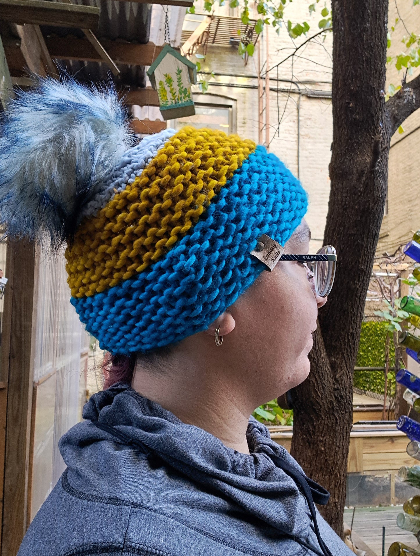 Blue and Gold Pom-Pom Hat