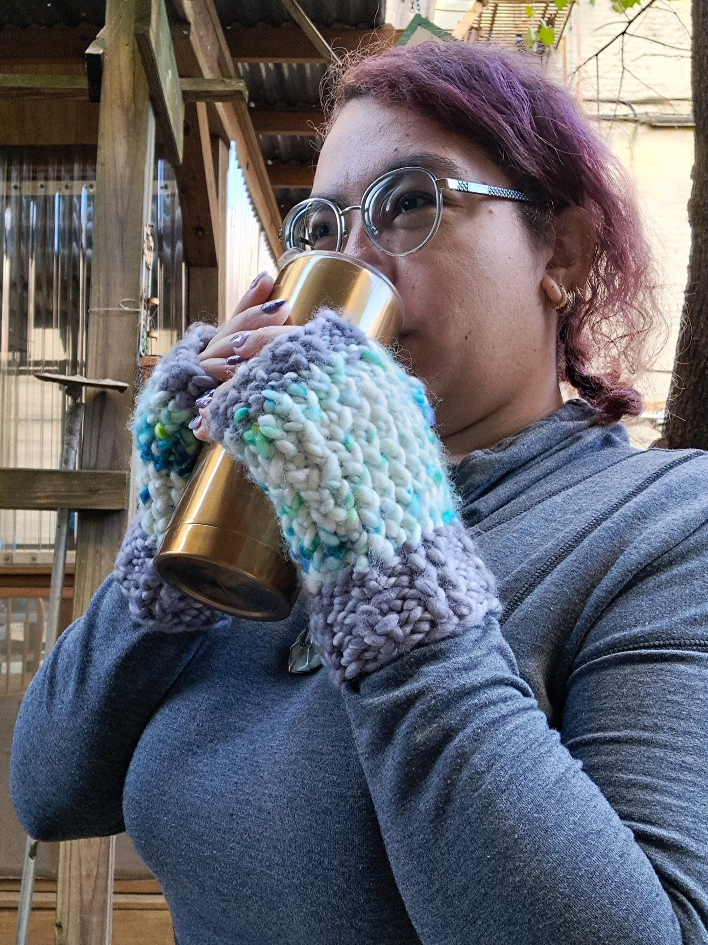 Winter green/grey Fingerless Gloves