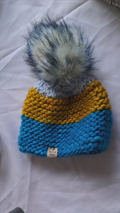 Blue and Gold Pom-Pom Hat