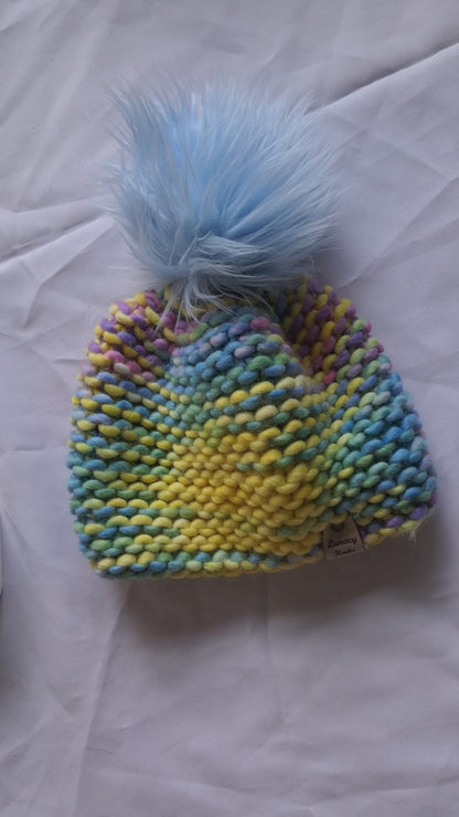 Pastel Rainbow Pom-Pom Hat